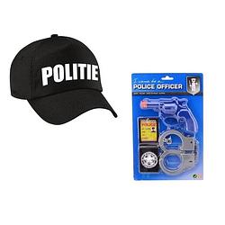 Foto van Verkleed politie agent pet / cap zwart met accessoire set voor kinderen - verkleedattributen