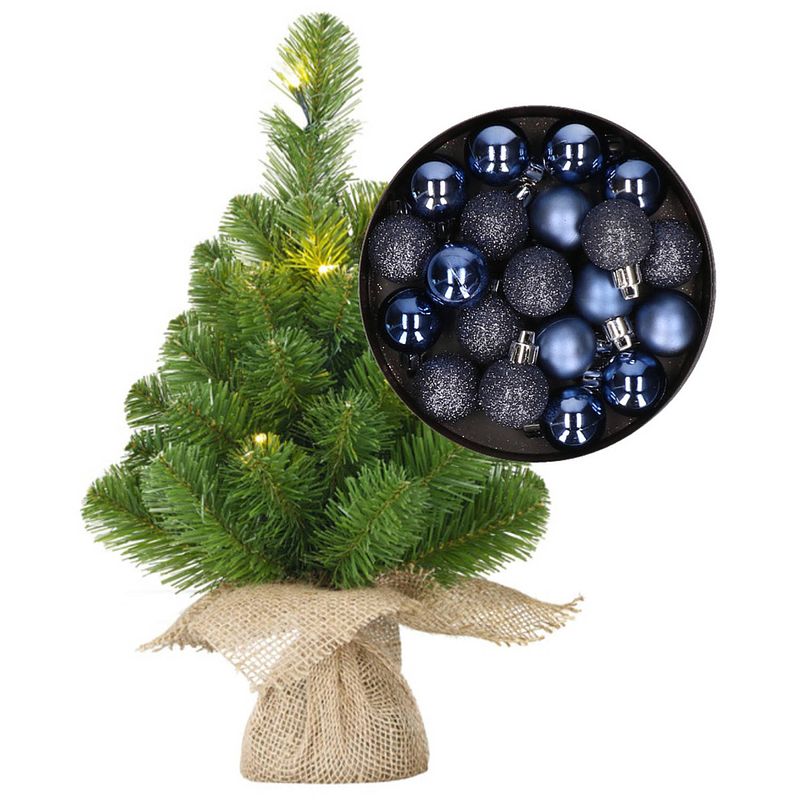 Foto van Mini kerstboom/kunstboom met verlichting 45 cm en inclusief kerstballen donkerblauw - kunstkerstboom