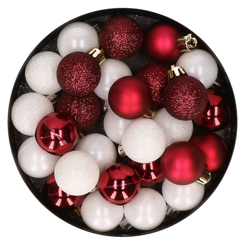 Foto van 28x stuks kunststof kerstballen donkerrood en wit mix 3 cm - kerstbal