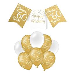 Foto van Paperdreams luxe 60 jaar feestversiering set - ballonnen & vlaggenlijnen - wit/goud - feestpakketten