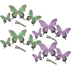 Foto van Othmar decorations decoratie vlinders op clip 12x stuks - groen/paars - 12/16/20 cm - hobbydecoratieobject