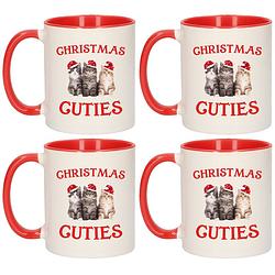 Foto van Set van 4x stuks christmas cuties kerstcadeau kerstmokken rood met kittens 300 ml - bekers