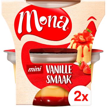 Foto van Mona mini vanillesmaak pudding met aardbeiensaus 2 x 135ml bij jumbo