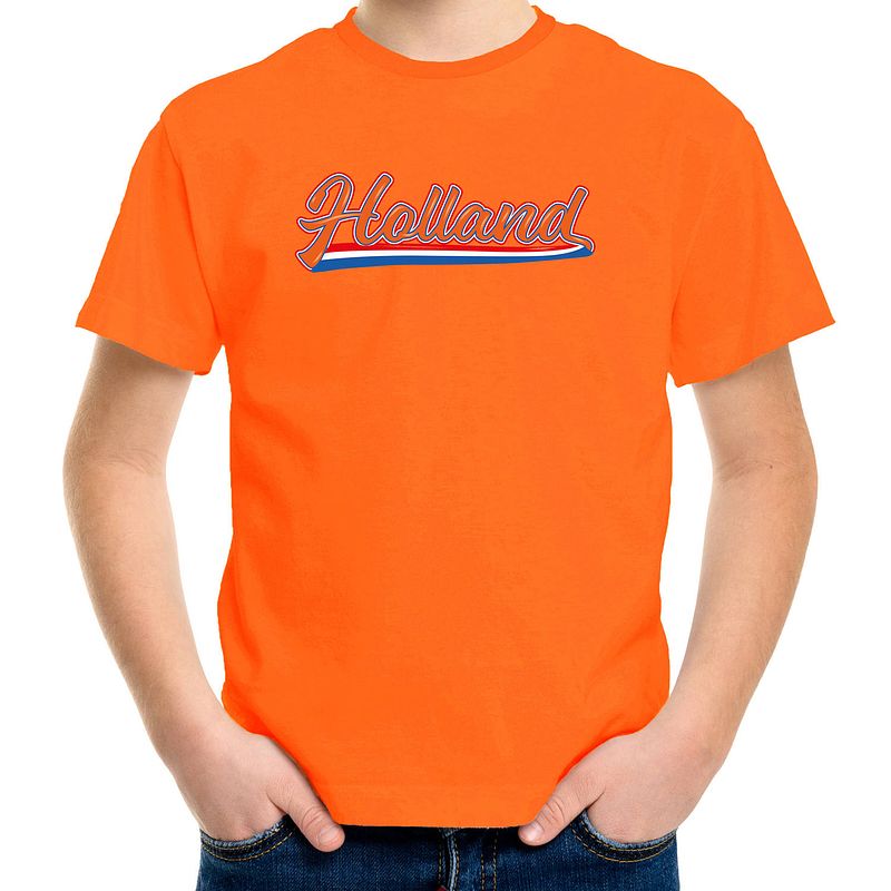 Foto van Oranje t-shirt holland / nederland supporter holland met nederlandse wimpel ek/ wk voor kinderen m (134-140) - feestshir