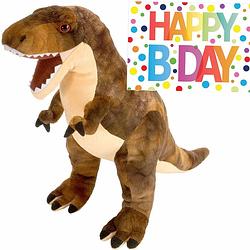 Foto van Pluche knuffel dino t-rex van 25 cm met a5-size happy birthday wenskaart - knuffeldier