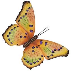 Foto van Tuin/schutting decoratie geel/paarse vlinder 44 cm - tuinbeelden