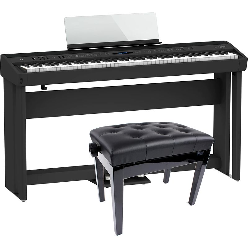 Foto van Roland fp-90x-bk digitale piano + onderstel + pedaal-unit + pianobank