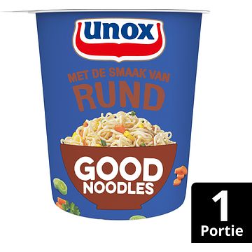 Foto van 2 zakken soep a 570 ml, pakken cupasoup a 3 stuks of single verpakkingen noodles of pasta | unox good noodles cup rund 63g aanbieding bij jumbo