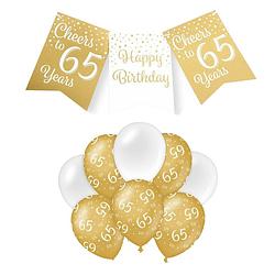 Foto van Paperdreams luxe 65 jaar feestversiering set - ballonnen & vlaggenlijnen - wit/goud - feestpakketten