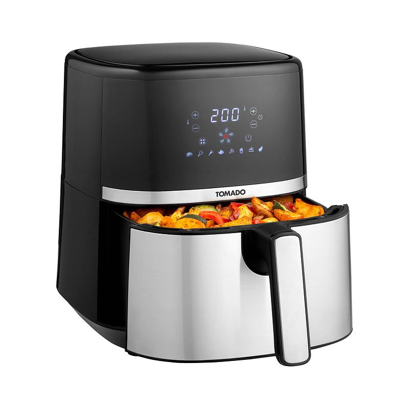 Foto van Tomado taf5401s - airfryer - 5,4 liter inhoud - heteluchtfriteuse - digitaal display - 800 gram friet - zwart/rvs