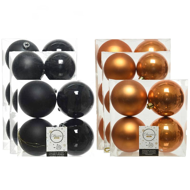 Foto van Kerstversiering kunststof kerstballen mix zwart/cognac 6-8-10 cm pakket van 44x stuks - kerstbal