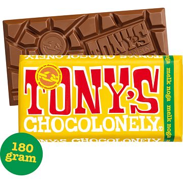 Foto van 2 voor € 4,50 | tony's chocolonely melk chocolade reep noga 180g aanbieding bij jumbo