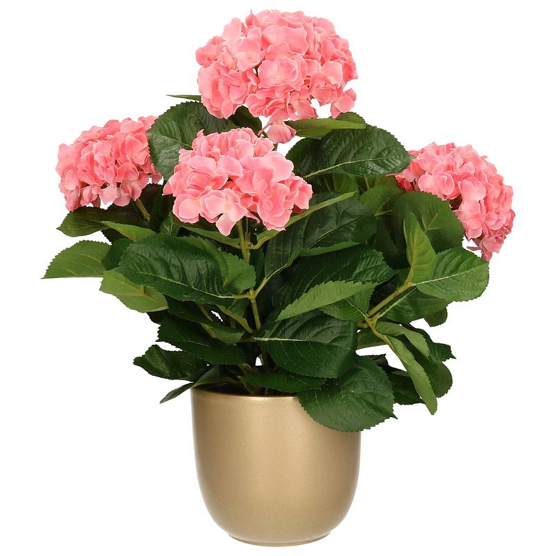 Foto van Hortensia kunstplant/kunstbloemen 45 cm - roze - in pot goud glans - kunstplanten