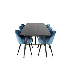 Foto van Gold eethoek eetkamertafel uitschuifbare tafel lengte cm 180 / 220 zwart en 6 velvet eetkamerstal velours blauw, zwart.