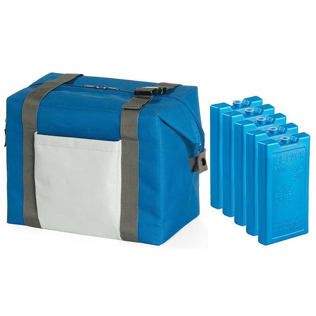 Foto van Strand/picknick isolatie koeltas blauw 15 liter/38 x 33 x 18 cm met 5x stuks koelelementen - koeltas