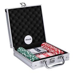 Foto van Poker set in aluminium koffer - 100 fiches/ speelkaarten/ 5 dobbelstenen/ dealer chip - hele poker set