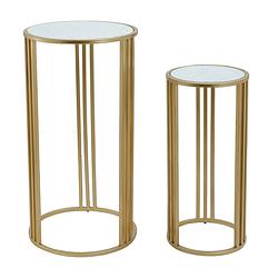 Foto van Ptmd lacu gold iron side table round stone top sv2