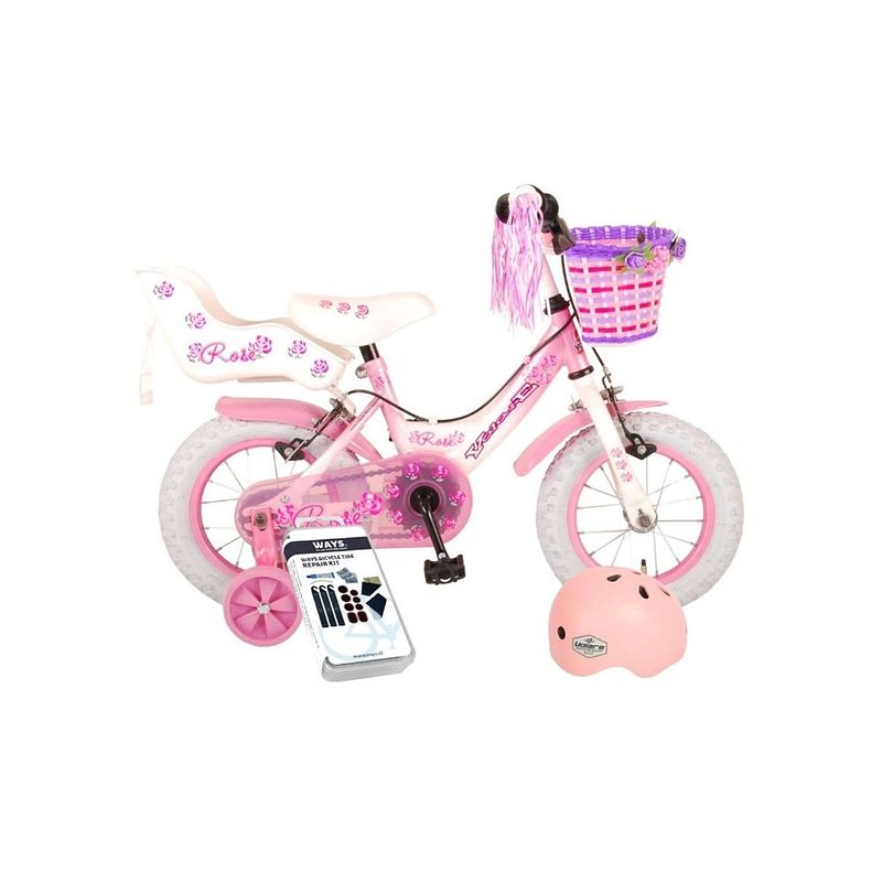 Foto van Volare kinderfiets rose - 12 inch - roze/wit - twee handremmen - inclusief fietshelm + accessoires