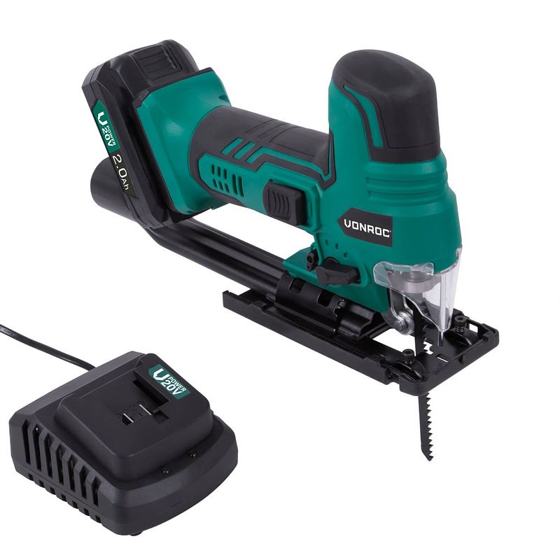 Foto van Vonroc accu decoupeerzaag vpower 20v - ergonomische t-handgreep - instelbare snelheid & zaaghoek - incl. 2.0ah accu en s