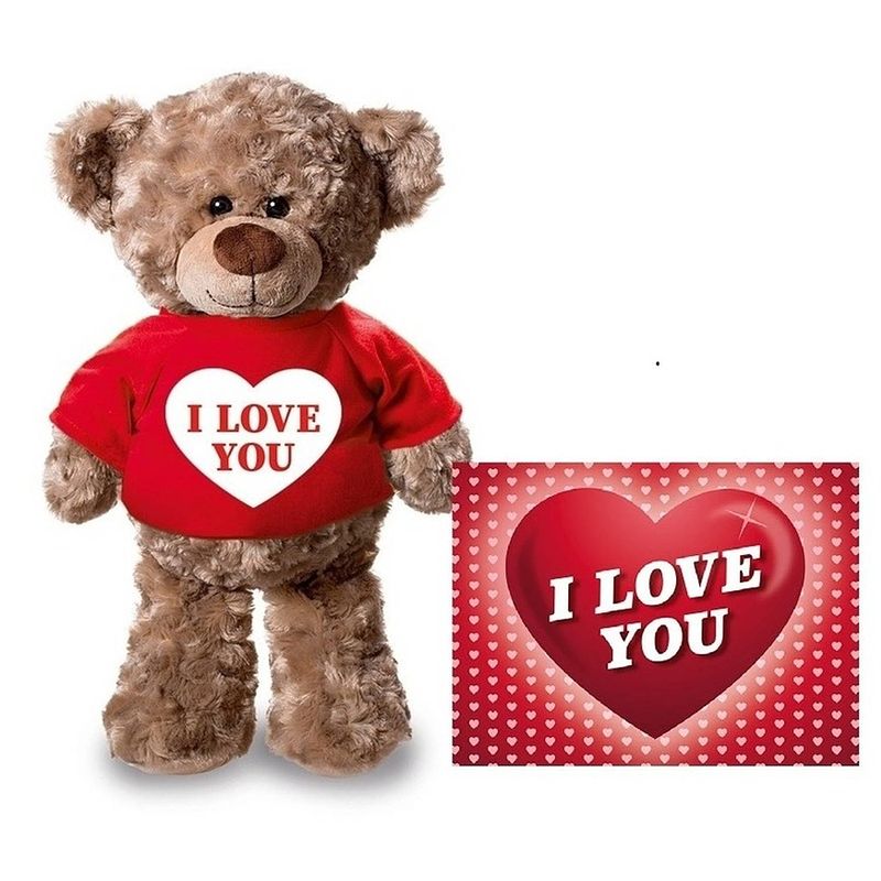 Foto van Valentijnskaart en knuffelbeer 24 cm met i love you rood shirt - knuffelberen