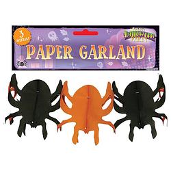 Foto van Halloween feestslinger spinnen - 3 meter - oranje/zwart - van papier - feestslingers