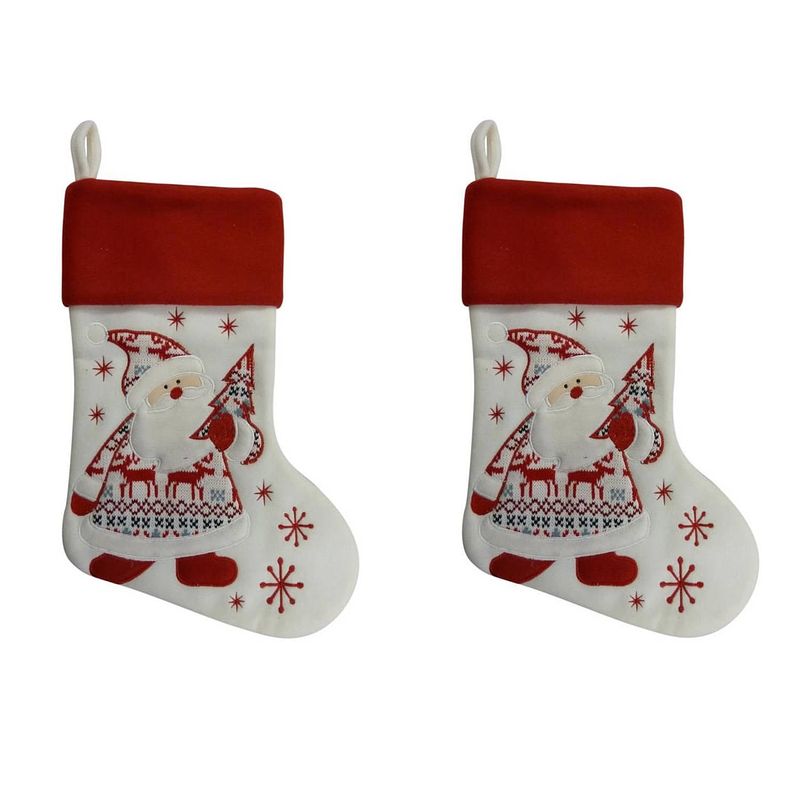 Foto van 2x stuks kerstsok wit/rood pluche 45 cm kerstversiering/kerstdecoratie - kerstsokken