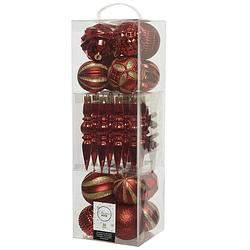 Foto van 30x stuks kunststof kerstballen en ornamenten rood mix - kerstbal