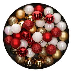 Foto van 42x stuks kunststof kerstballen mix wit/goud/rood 3 cm - kerstbal