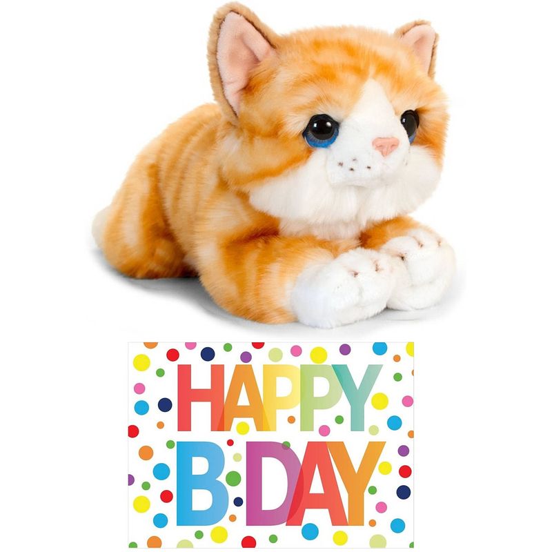 Foto van Cadeau setje pluche rood/witte kat/poes knuffel 32 cm met happy birthday wenskaart - knuffel huisdieren