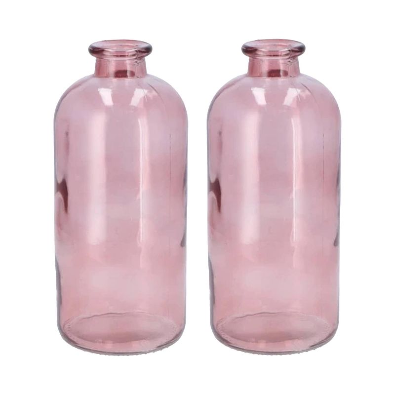 Foto van Dk design bloemenvaas fles model - 2x - helder gekleurd glas - zacht roze - d11 x h25 cm - vazen