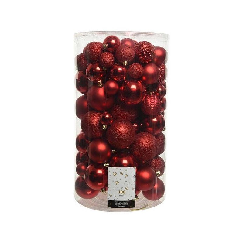 Foto van Parya home - kerstballen set - 100 stuks - kunststof - rood - diverse maten