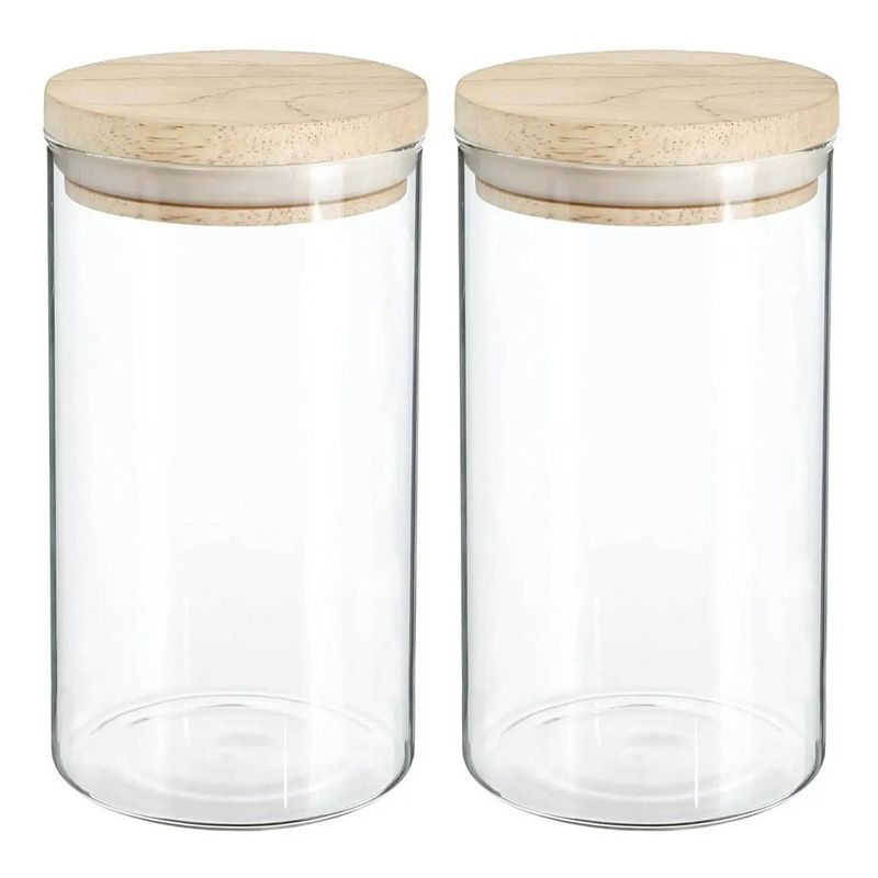 Foto van 2x stuks voorraadbussen/voorraadpotten 1l glas met houten deksel - voorraadpot