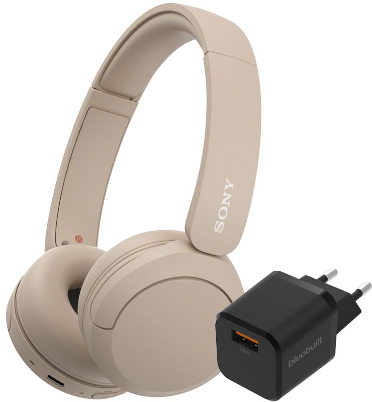 Foto van Sony wh-ch520 crème + bluebuilt quick charge oplader met usb a poort 18w zwart