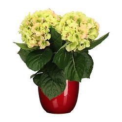 Foto van Hortensia kunstplant/kunstbloemen 36 cm - groen/roze - in pot rood glans - kunstplanten