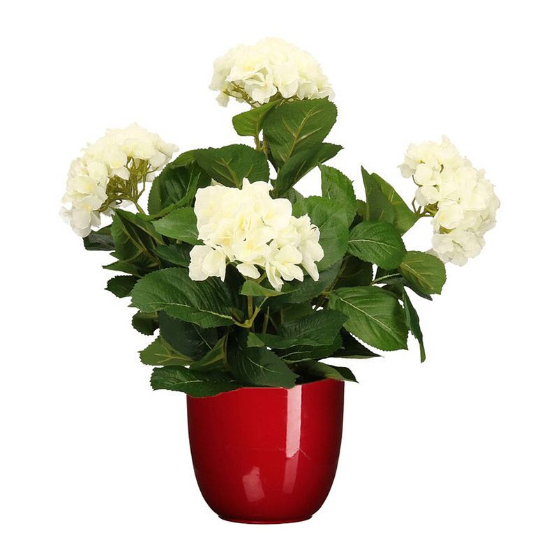 Foto van Hortensia kunstplant/kunstbloemen 45 cm - wit - in pot rood glans - kunstplanten