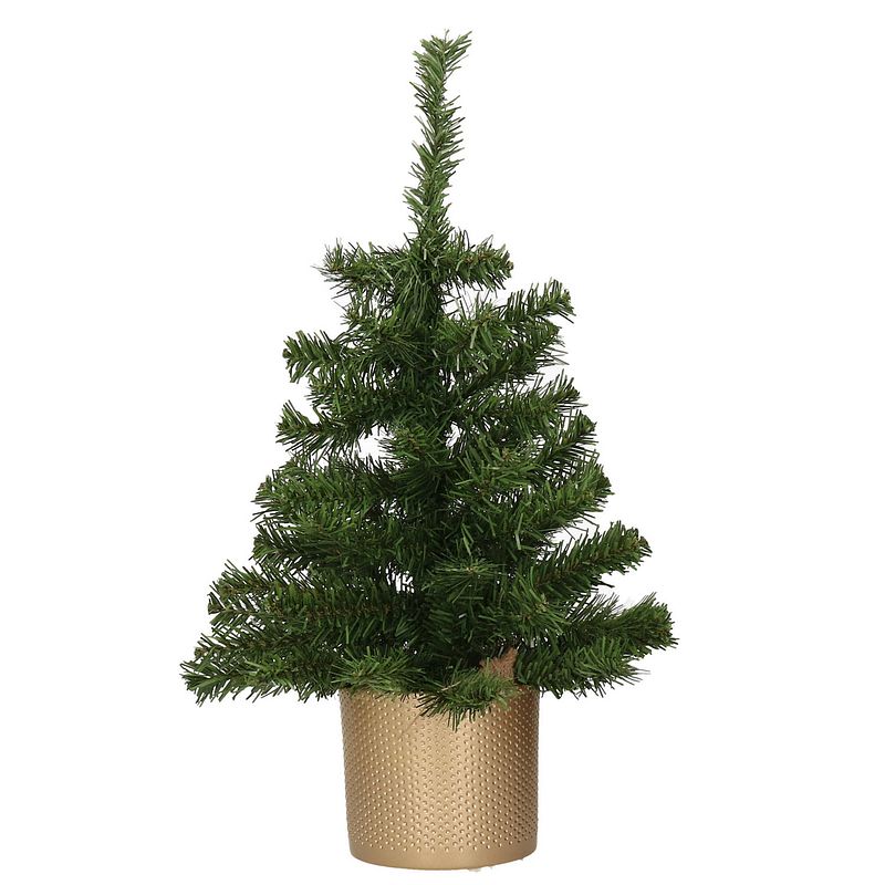 Foto van Kunstboom/kunst kerstboom 75 cm met gouden pot - kunstkerstboom