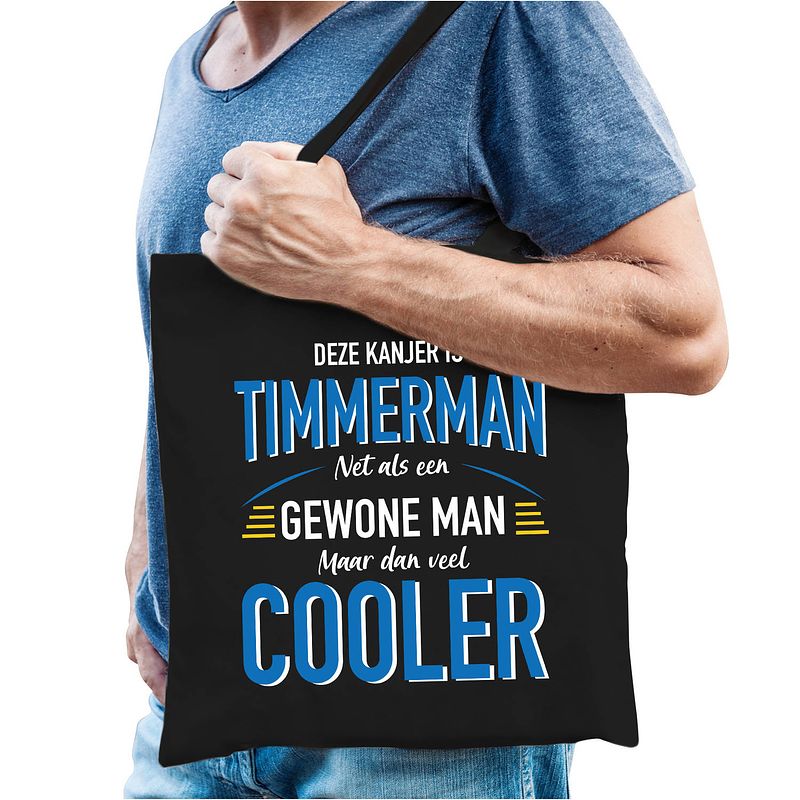 Foto van Timmerman katoenen tas zwart voor heren - gewone man maar dan cooler - feest boodschappentassen