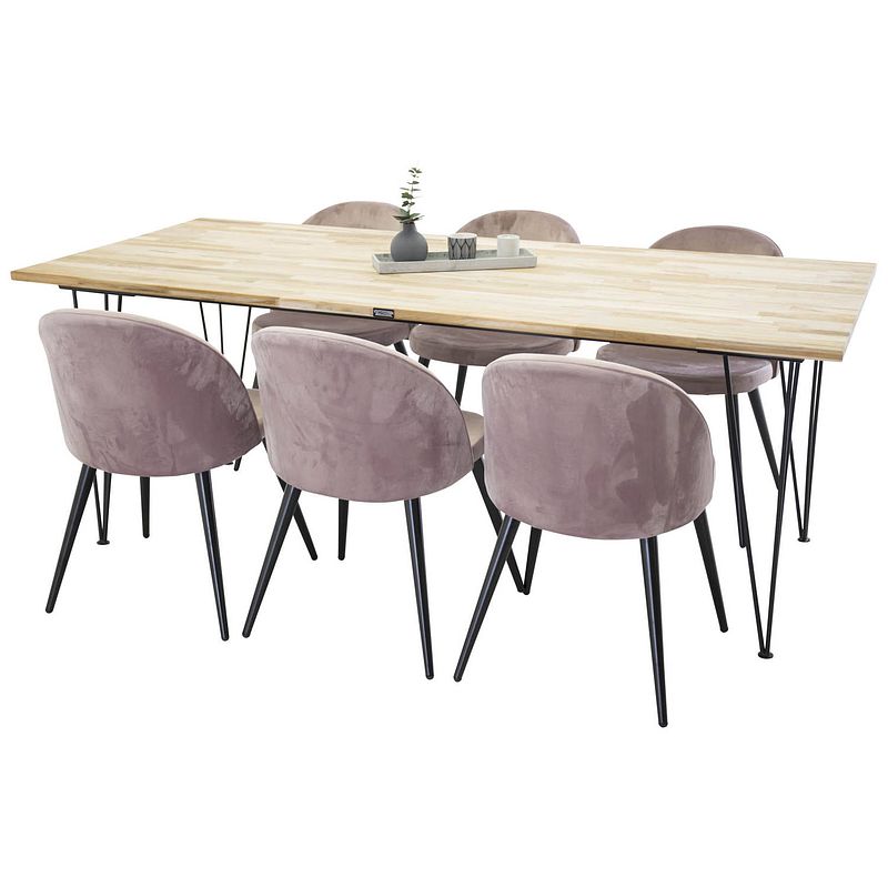 Foto van Bali eethoek eetkamertafel teakhout en 6 velvet eetkamerstal velours roze, zwart.