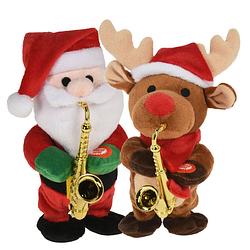 Foto van Kerst knuffels/poppen-rendier en kerstman -21 cm - beweging en geluid - kerstman pop