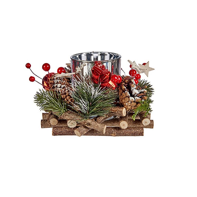 Foto van Kerst thema kaarsenhouder ornament red/green nature 17 cm - waxinelichtjeshouders