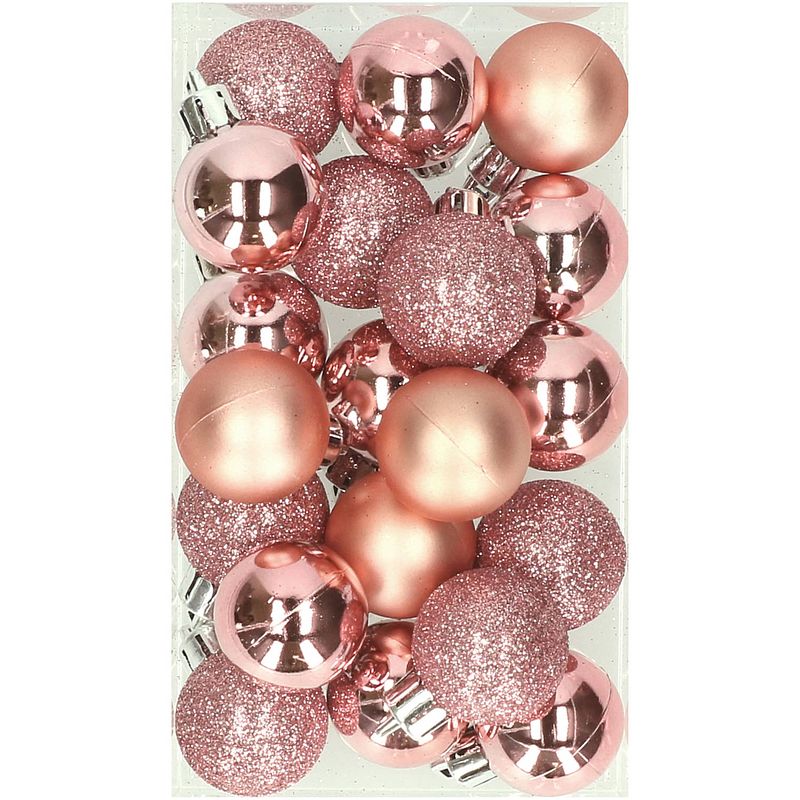 Foto van 20x stuks kleine kunststof kerstballen roze 3 cm mat/glans/glitter - kerstbal