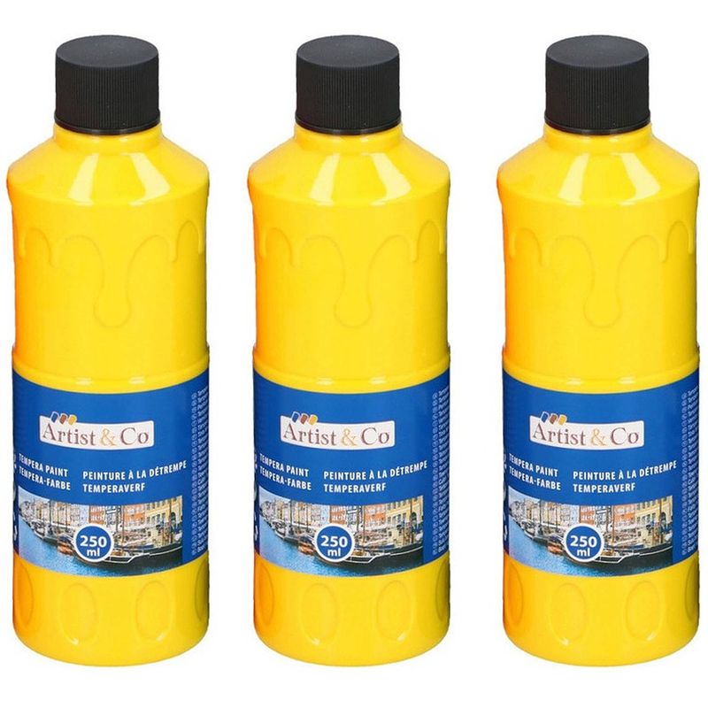 Foto van 3x gele acrylverf / temperaverf fles 250 ml hobby/knutsel verf - hobbyverf