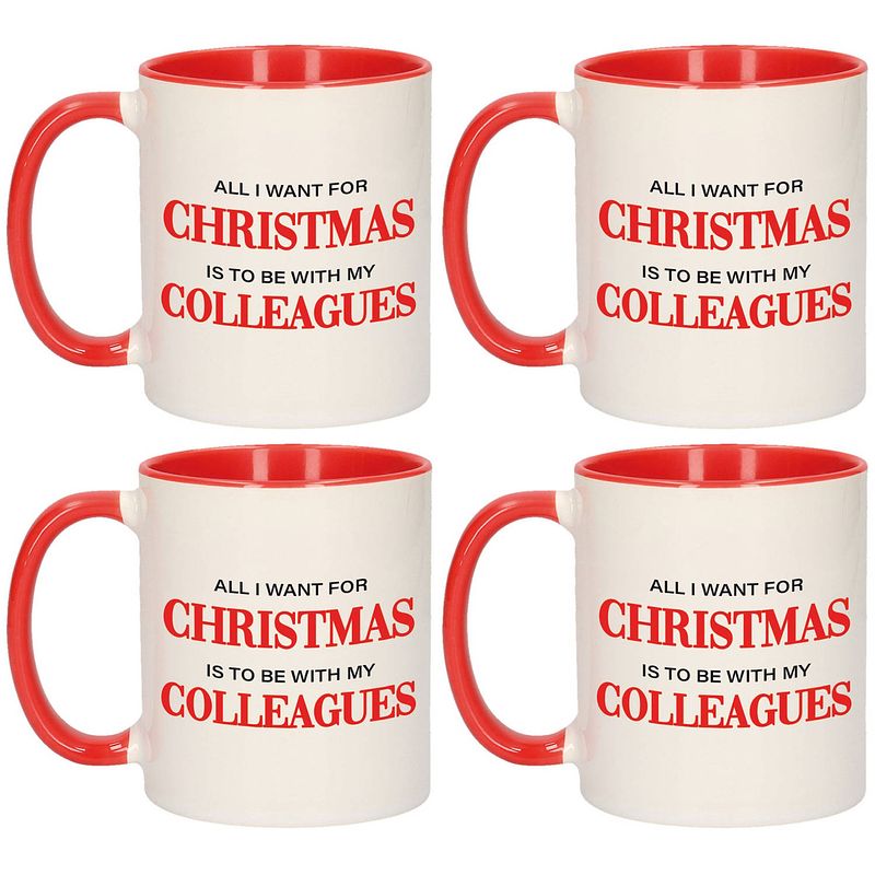 Foto van Set van 4x stuks kerstmokken rood all i want for christmas is to be with my colleagues 300 ml - bekers