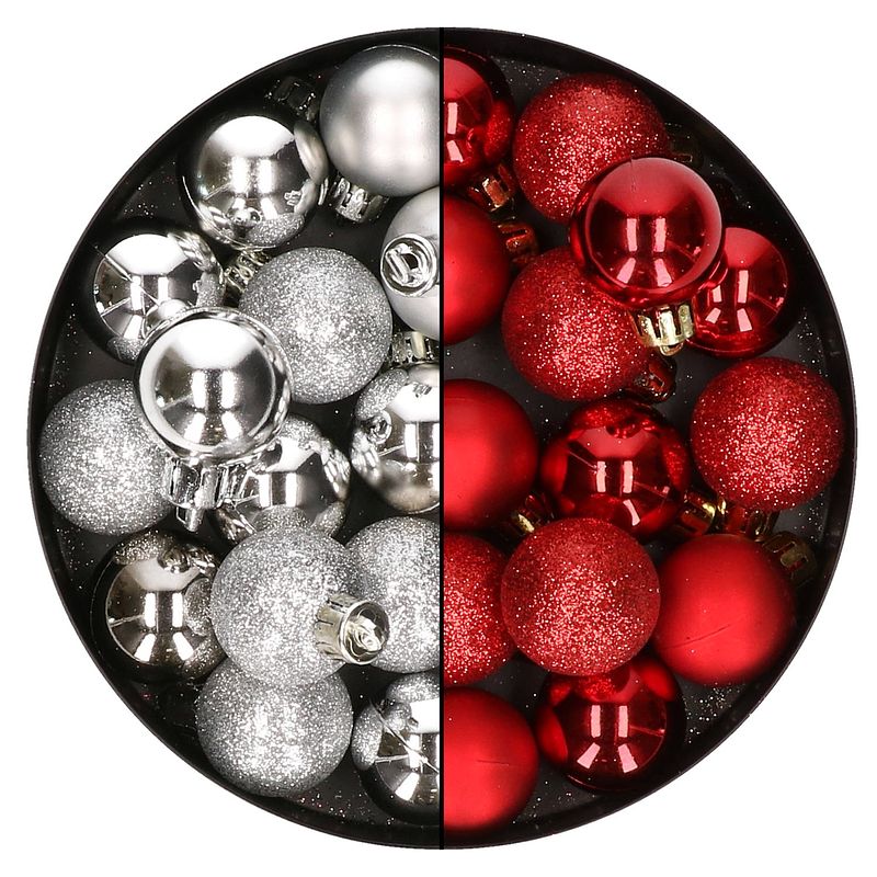 Foto van 28x stuks kleine kunststof kerstballen zilver en rood 3 cm - kerstbal