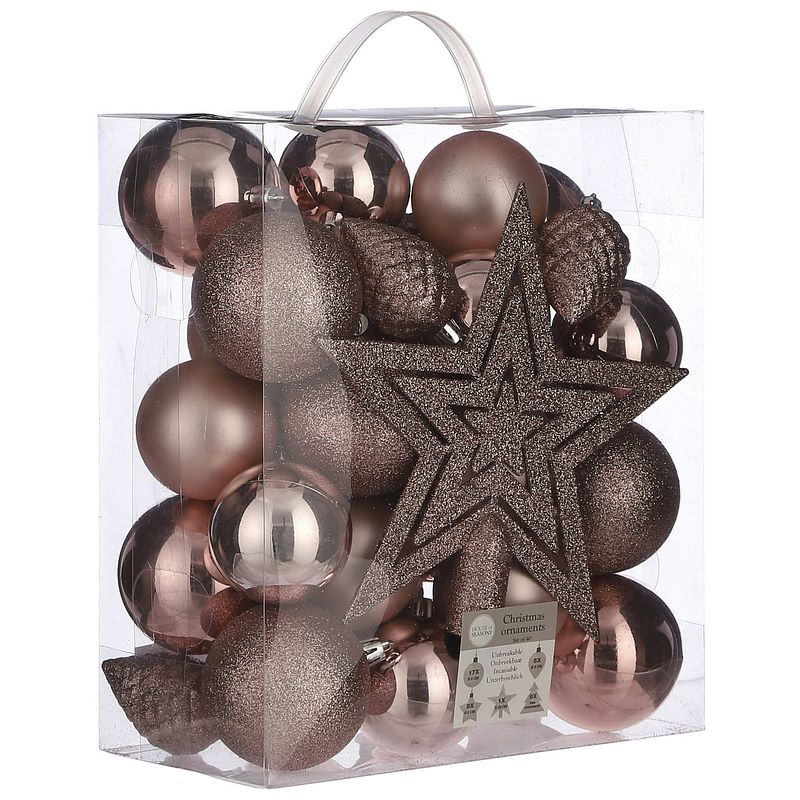 Foto van 39x stuks kunststof kerstballen en kerstornamenten met ster piek roze mix - kerstbal