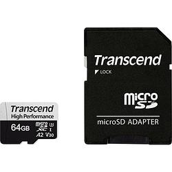 Foto van Transcend premium 330s microsdxc-kaart 64 gb class 10, uhs-i, uhs-class 3, v30 video speed class a2-vermogensstandaard, incl. sd-adapter