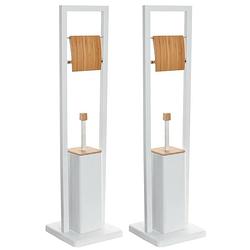 Foto van 2x stuks toiletborstels met toiletrolhouder wit metaal/bamboe 80 cm - toiletborstels