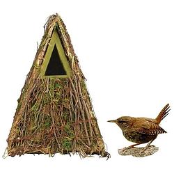 Foto van Houten vogelhuisje/nestkastje groene takjes/mos 24 cm - tuindecoratie vogelnest nestkast vogelhuisjes
