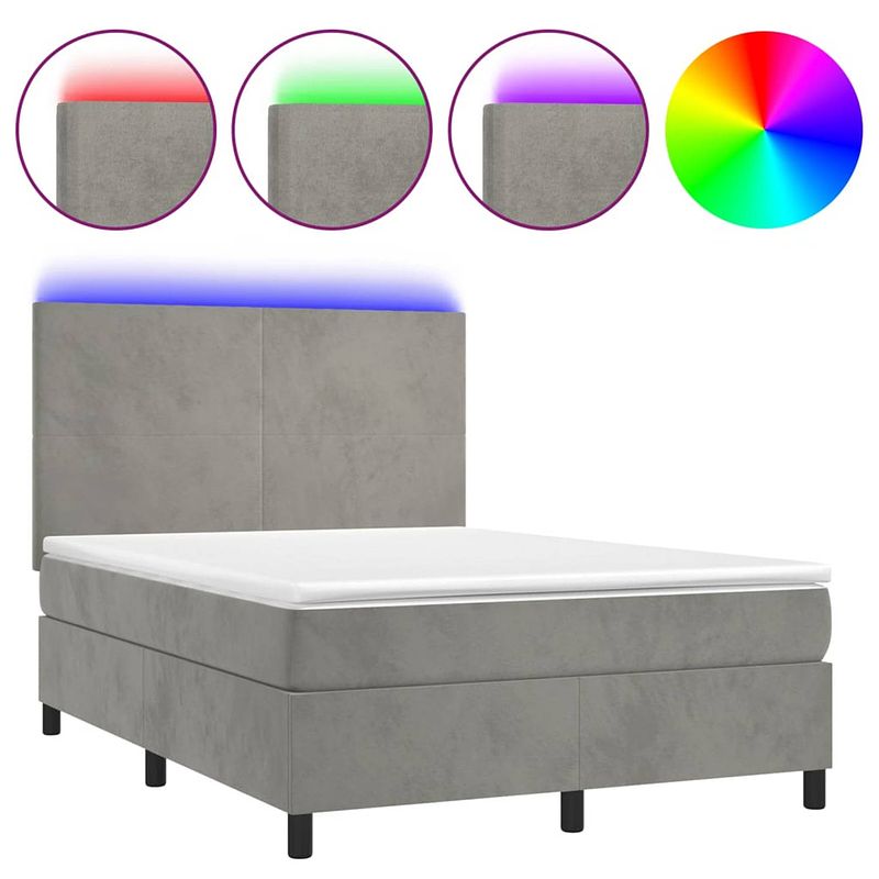 Foto van The living store boxspring bed - lichtgrijs fluweel - 203x144x118/128 cm - led-verlichting en pocketvering