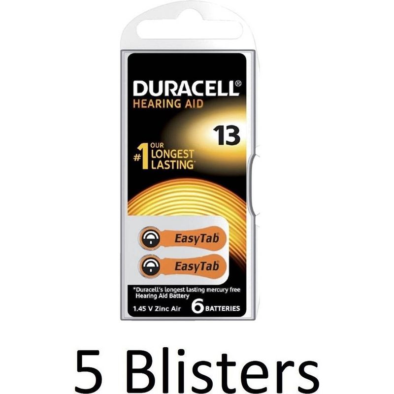 Foto van 30 stuks (5 blisters a 6 st) duracell batterij da13 hearing aid